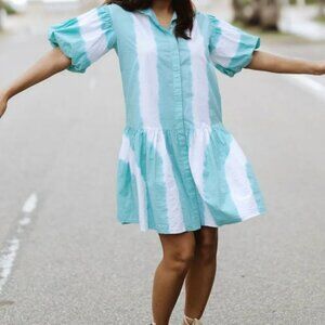Teal Blue Frock It WKND Drop Waist Button Up Dress With Puff Sleeves NEW W TAGS